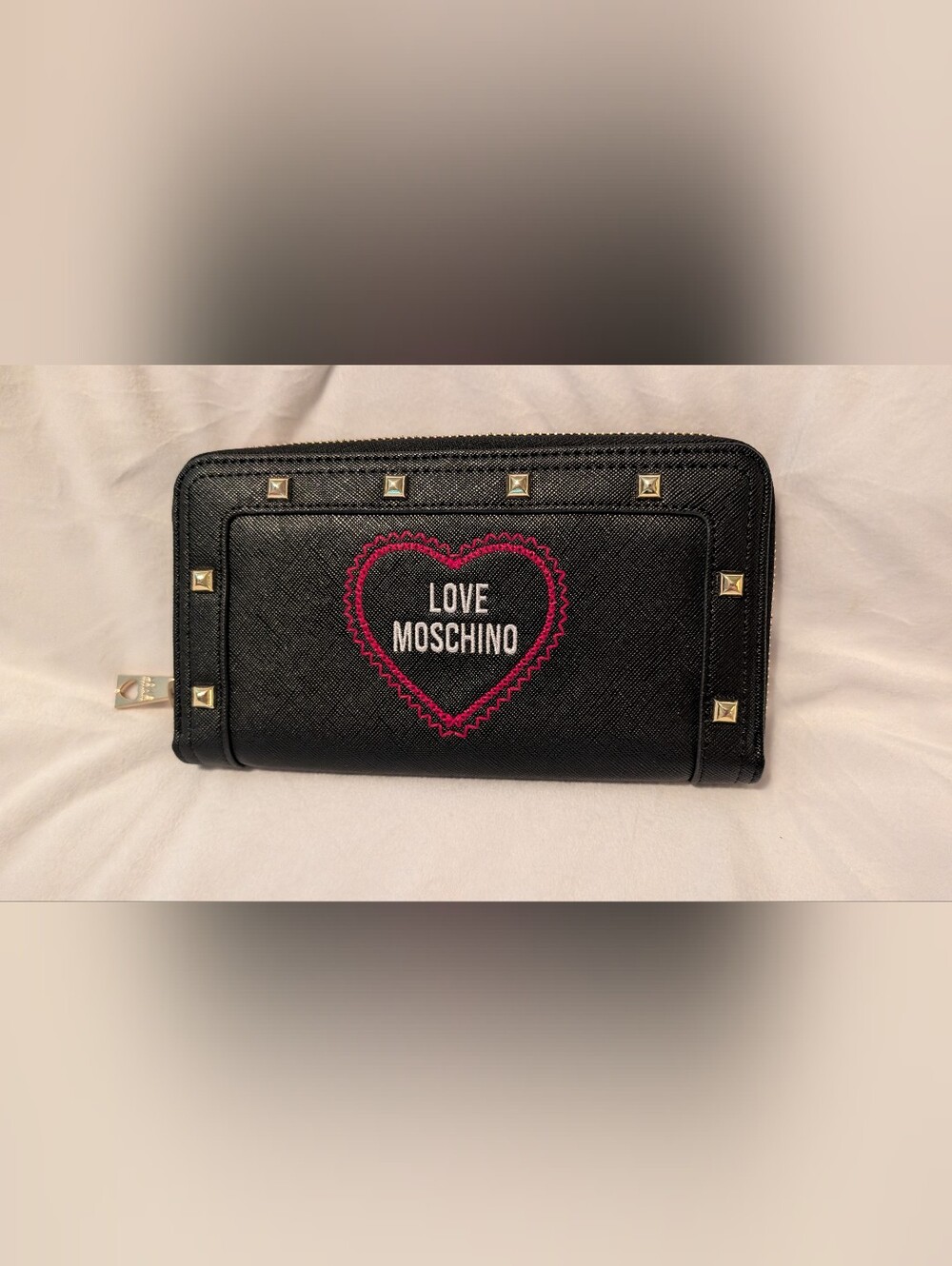 Love Moschino Wallet with Pink Heart Embroidery PVC Black LNC